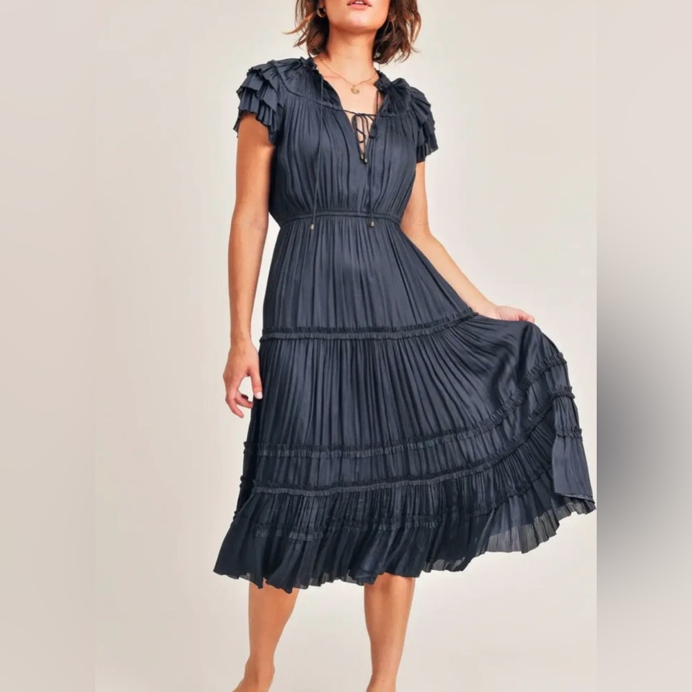 RESET Navy Pleated Ruffle Midi Dress Flutter Sleeve Tiered Size S